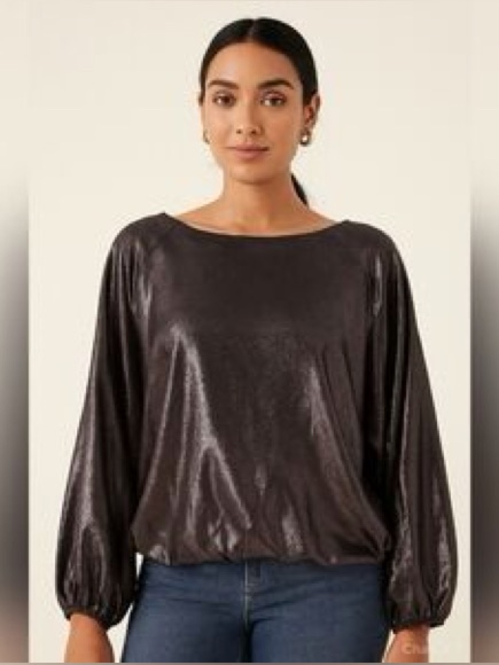 Nine West Metallic Black Long-Sleeve Boatneck bubble hem Top